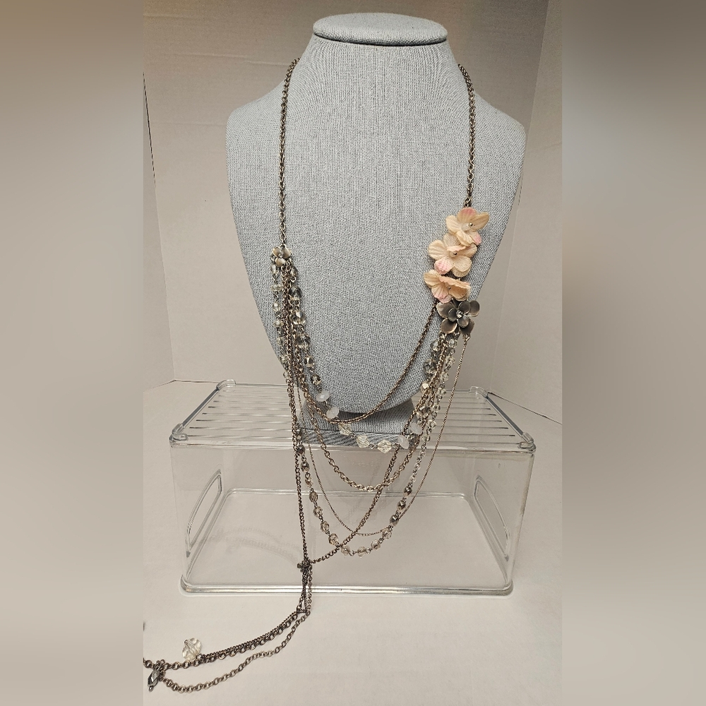 [EXPRESS] Silver Tone Multi Layer "Y" Dangle ●○ Pink Cloth Flower ○● Necklace